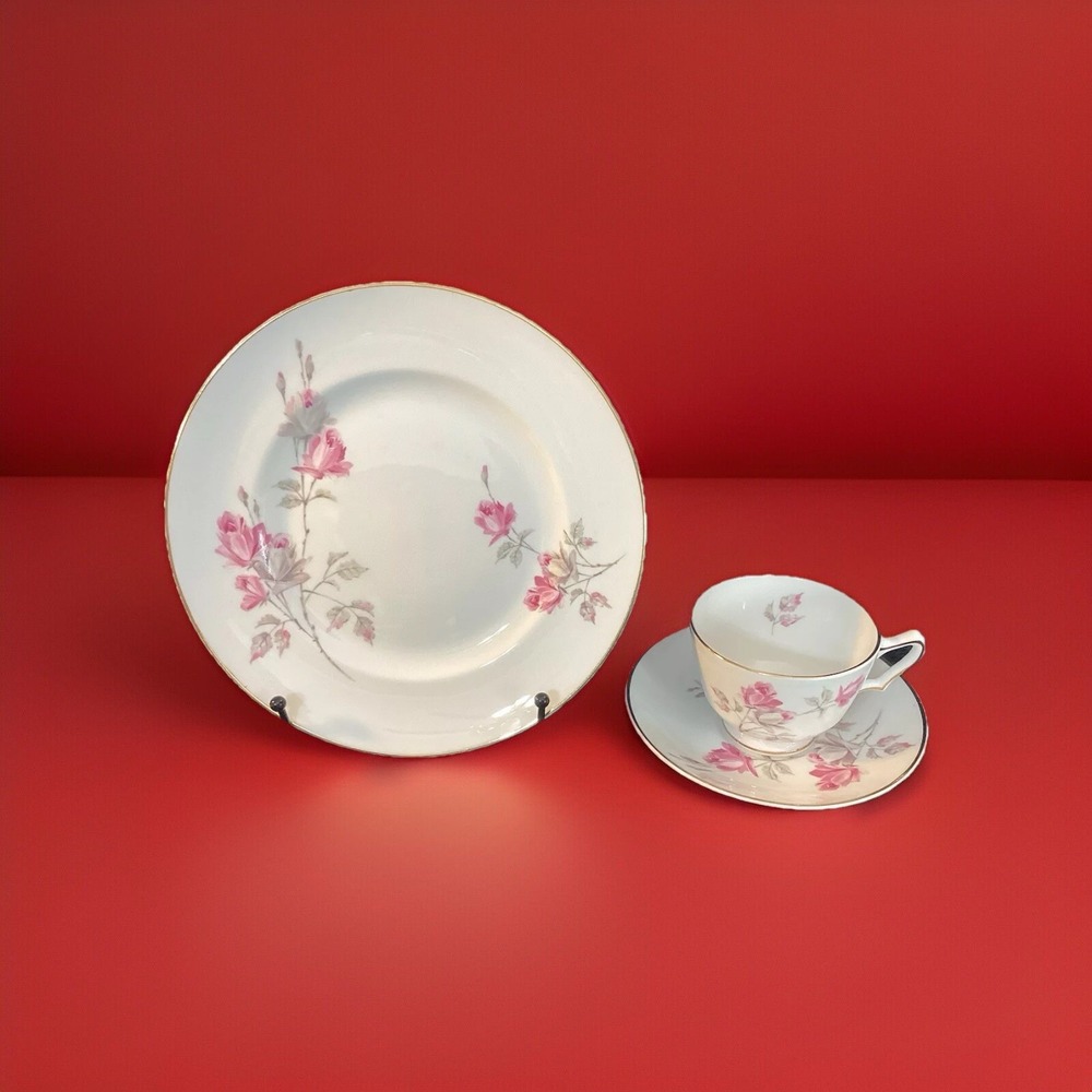 Vintage Crown Staffordshire England Cup, Saucer and Dessert Plate Cabbage Rose